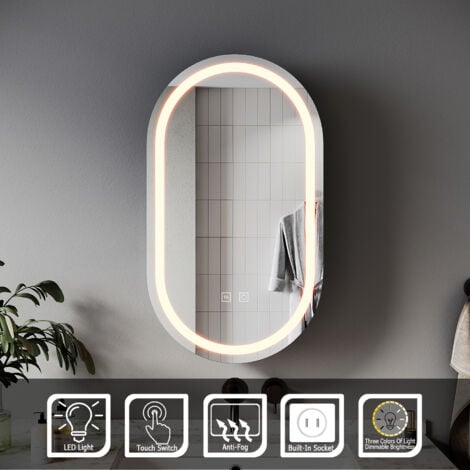 ELEGANT Oval Bathroom LED Mirror 400x700mm with LED Light Demister Shaver Socket Dimmable Mirror Cabinet