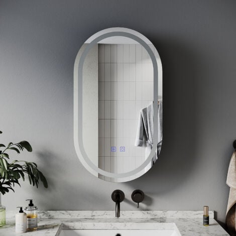 ELEGANT Oval Bathroom LED Mirror 400x700mm with LED Light Demister Shaver Socket Dimmable Mirror Cabinet