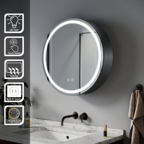 ELEGANT Round Bathroom LED Mirror 600x600mm with LED Light Demister Shaver Socket Dimmable Mirror Cabinet