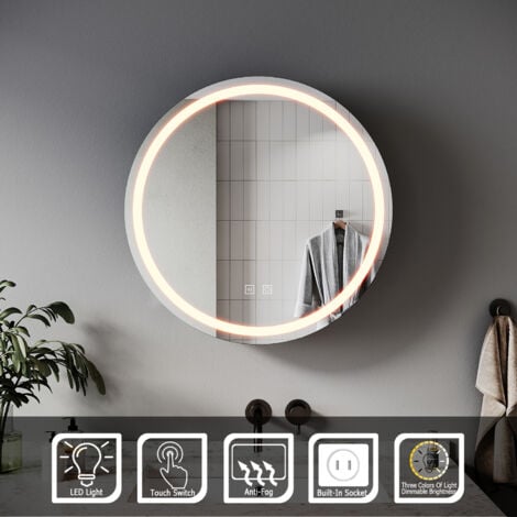 ELEGANT Round Bathroom LED Mirror 600x600mm with LED Light Demister Shaver Socket Dimmable Mirror Cabinet