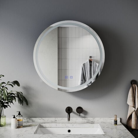 ELEGANT Round Bathroom LED Mirror 600x600mm with LED Light Demister Shaver Socket Dimmable Mirror Cabinet