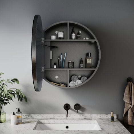 ELEGANT Round Bathroom LED Mirror 600x600mm with LED Light Demister Shaver Socket Dimmable Mirror Cabinet