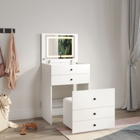 ELEGANT Dressing Table with LED Lights and Flip-up Mirror, Multi-scenario Vanity Makeup Table, White Cushioned Storage Stool included