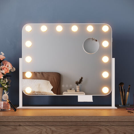 ELEGANT 360°Rotation Hollywood Vanity Mirror 50x40cm with 14 Dimmable LED Bulbs Makeup Mirror with 10X Magnification 3 Color Modes, USB Charging Port