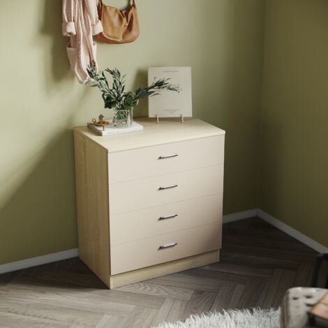 ELEGANT Chests of Drawers, Modern Bedroom Furniture, High Gloss 4 Spacious Drawer Chest with Metal Handles, for Bedroom or Home Storage Organizer, Cream/Oak, 600x400x685mm