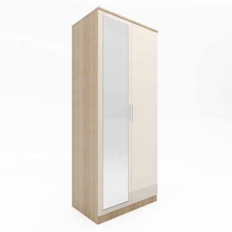 ELEGANT Wardrobes, Modern Bedroom Furniture, 2 Doors High Gloss Wardrobe with Mirror, Soft Close Hinge Mirrored Wardrobe Cabinet, with Hanging Rod and Storage Shelves, Cream/oak, 760x470x1800mm
