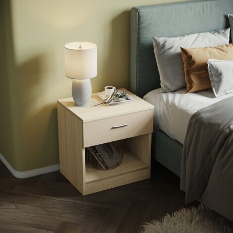 ELEGANT Bedside Tables, Modern Bedroom Furniture, High Gloss Bedside Cabinet Stand Storage Shelf with Bin Drawer, for Bedroom or Home Storage Organizer, Cream/Oak, 350x450x465mm (1/5)