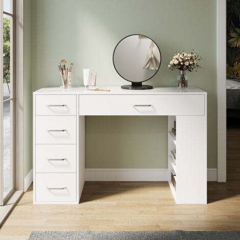 ELEGANT Dressing Table, Single Table High Gloss Dressing Cabinet with 5 Drawers and Open Compartments, Modern Design Applicable to Multiple Scenarios, White, 1200×400×750mm