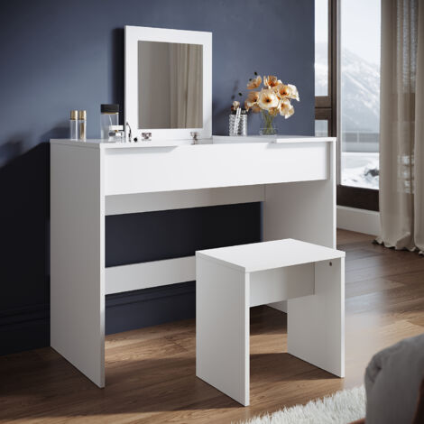 Elegant – Modern dressing table with stool – High gloss white finish – Hidden drawer for storage – 100x450x760mm – Perfect for makeup and hairdressing (1/5)