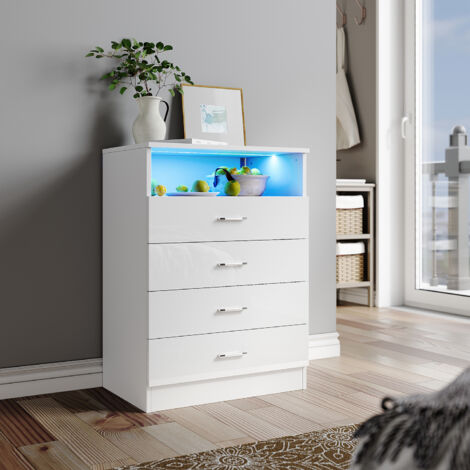 ELEGANT Chest of Drawers High Gloss 4 Drawer and LED Light with Aluminum Handle, Modern Bedroom Storage Furniture, White, 600x400x830mm