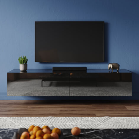 ELEGANT Modern TV Stand with Drawer, Wall-Mounted/Floor Standing, Separate Storage Compartment Suitable for Living Room and Bedroom, Black, 1600x400x300mm (1/5)