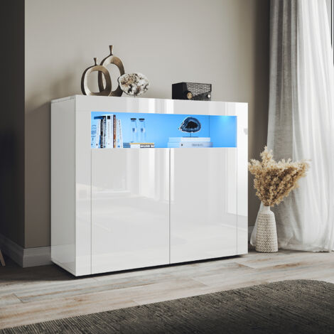 ELEGANT Modern Sideboard Units 2 Door with LED Light, Handleless Design Suitable for Various Home Styles, White, 1080x400x920mm (1/5)