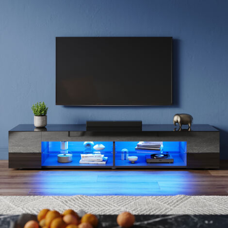 ELEGANT Modern TV Stands with LED Lights, Open Glass Shelves, Suitable for Living Room and Bedroom, Black High Gloss, 1600x390x300mm