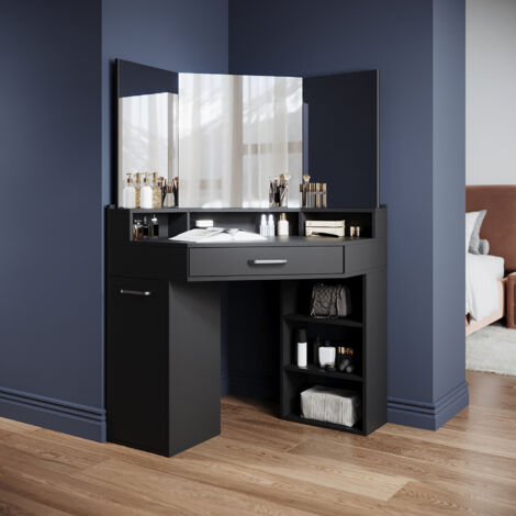 Elegant – Modern corner dressing table with mirror – 3 open compartments and 2 drawers – Space-saving design for small corners – Multi-angle 3D makeup mirror (1/5)
