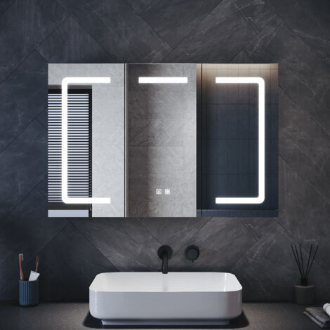 ELEGANT LED Three-Door Bathroom Mirror Cabinet with Shaver Charging Socket, Dimmable LED Lighting, Anti-Fog, Large Size & Capacity, Light Coffee, 900x600x125mm
