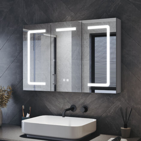 ELEGANT LED Three-Door Bathroom Mirror Cabinet with Shaver Charging Socket, Dimmable LED Lighting, Anti-Fog, Large Size & Capacity, Moroccan Gray, 900x600x125mm