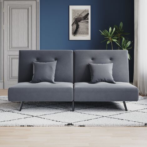ELEGANT Sofa Bed 2 Seater with Sofa Bed Storage, Double Fold Design, Iron Legs, Hidden Zipper, Adjustable Backrest and 2 Cushions, Dark Grey