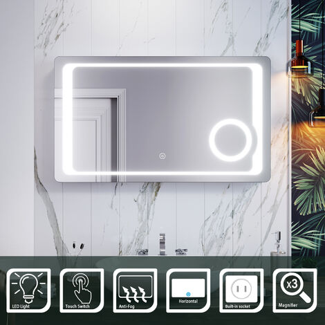 ELEGANT 3 Times Magnifying Glass Mirror Anti-Fog Bathroom Mirror 1000x600mm Bathroom Mirror with Shaver Socket