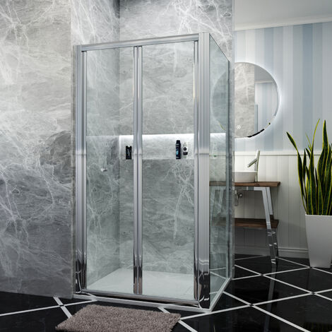ELEGANT Bifold Shower Enclosure Glass Screen Door Cubicle + Side Panel 900 x 760 mm (1/5)