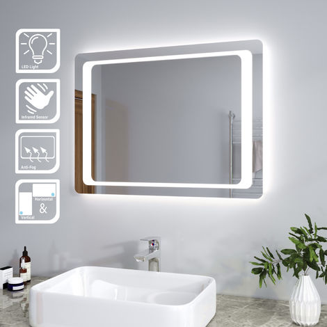 ELEGANT Modern Bathroom Mirrors 800 x 500 mm Illuminated LED Bathroom Makeup Mirror for Wall Sensor Switch with Demister 