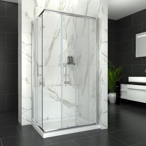 ELEGANT 900 x 700 mm Sliding Doors Corner Entry Shower Enclosure 6mm Toughened Safety Glass Polished Aluminium Frame Screen Cubicles