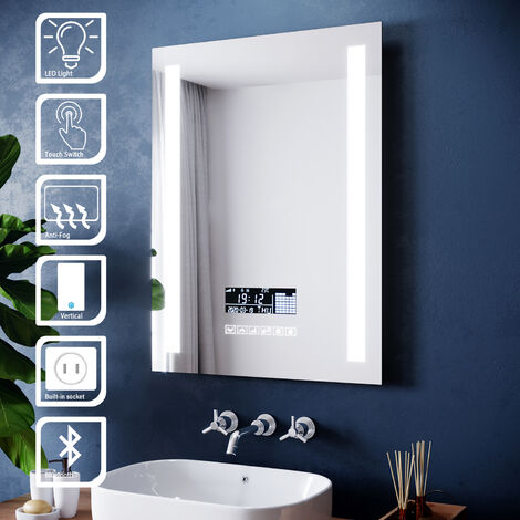 ELEGANT Bathroom Mirror Lights 600 x 800 mm Bathroom Led Mirror with Shaver Socket and Bluetooth Anti Fog Mirror with Clock