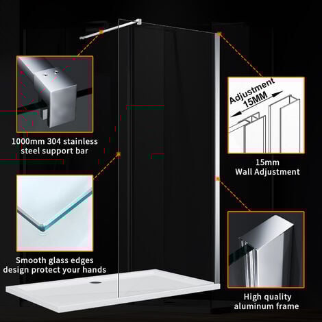 ELEGANT 1200mm Frameless Wet Room Shower Screen Panel 8mm Easy Clean Glass Walk in Shower Enclosure with Support Bar