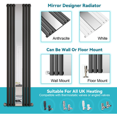 ELEGANT Central Heating Vertical Mirror Radiator Designer Oval Column 1800 x 500 mm Panel Central Heating Radiators Anthracite