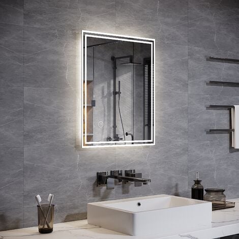 ELEGANT Illuminated LED Bathroom Mirror Lights Touch Sensor 600 x 500 mm Horizontal Vertical Mirror