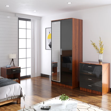 ELEGANT Modern High Gloss Wardrobe and Cabinet Furniture Set Bedroom 2 Doors Wardrobe with Mirror and 4 Drawer Chest and Bedside Cabinet. Black/Walnut