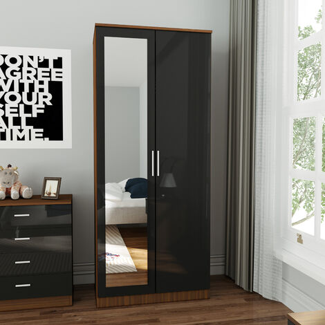 ELEGANT Black/Walnut Modern High Gloss Soft Close 2 Doors Wardrobe with Mirror and Metal Handles Includes a removable hanging rod and storage shelves