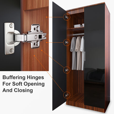 ELEGANT Black/Walnut Modern High Gloss Soft Close 2 Doors Wardrobe with Mirror and Metal Handles Includes a removable hanging rod and storage shelves