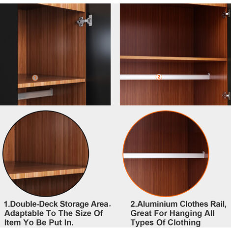 ELEGANT Black/Walnut Modern High Gloss Soft Close 2 Doors Wardrobe with Mirror and Metal Handles Includes a removable hanging rod and storage shelves