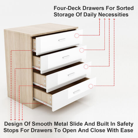 ELEGANT Designs Chest of Drawer High Gloss Bedroom Furniture 4 Drawers with Metal Handles Bedside Cabinet Storage NightStand White/Oak
