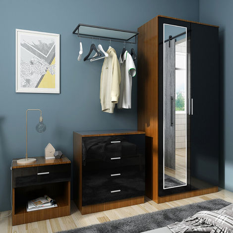 ELEGANT Modern High Gloss Wardrobe and Cabinet Furniture Set 2 Doors Wardrobe and 4 Drawer Chest and Bedside Cabinet. Black/Walnut. with Mirror
