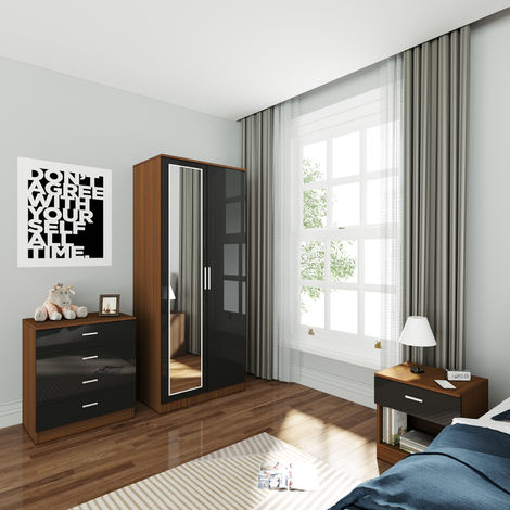 ELEGANT Wardrobe and Cabinet Furniture Set Bedroom 2 Doors Wardrobe with Mirror and 4 Drawer Chest and Bedside Cabinet High Gloss. Black/Walnut