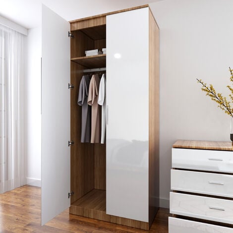 ELEGANT 1780x760x450mm High Gloss Wardrobe with Mirror and Metal Handles Includes a removable hanging rod and storage shelves, White/Oak