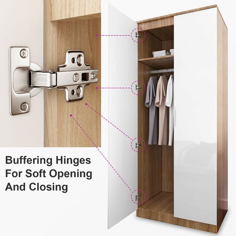 ELEGANT 1780x760x450mm High Gloss Wardrobe with Mirror and Metal Handles Includes a removable hanging rod and storage shelves, White/Oak