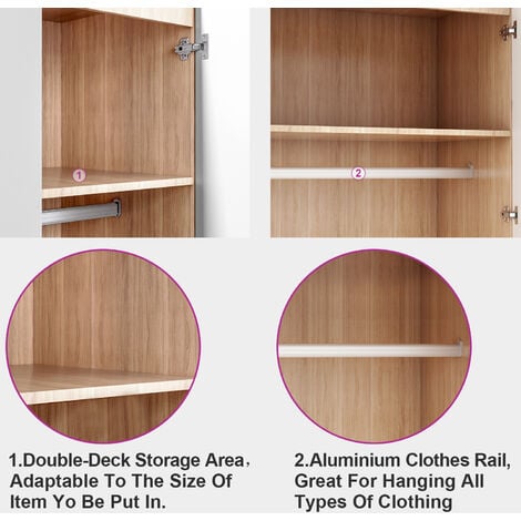 ELEGANT 1780x760x450mm High Gloss Wardrobe with Mirror and Metal Handles Includes a removable hanging rod and storage shelves, White/Oak