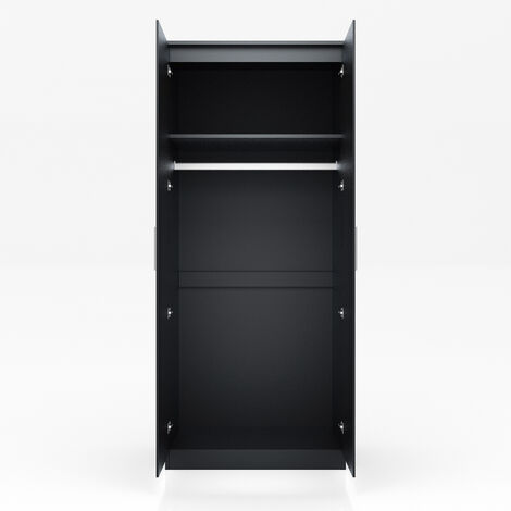 ELEGANT Modern High Gloss Soft Close 2 Doors Wardrobe with Aluminium Clothes Rail and storage shelves (Waterproof and anti-scratch, Black)