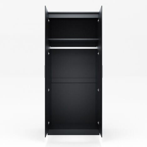 ELEGANT 2 Door Wardrobe, High Gloss (Black) Aluminium Clothes Rail & Storage Shelves Wooden Modern Bedroom Storage Furniture