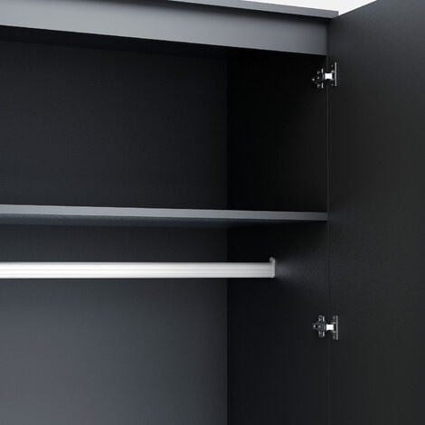ELEGANT 2 Door Wardrobe, High Gloss (Black) Aluminium Clothes Rail & Storage Shelves Wooden Modern Bedroom Storage Furniture
