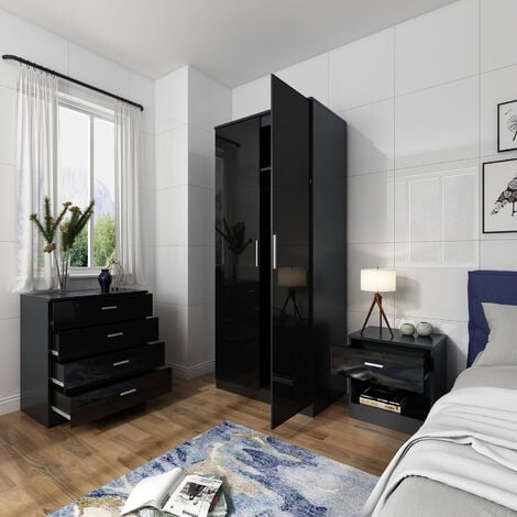 ELEGANT Modern High Gloss Wardrobe and Cabinet Furniture Set Bedroom Wardrobe and 4 Drawer Chest and Bedside Cabinet. Black