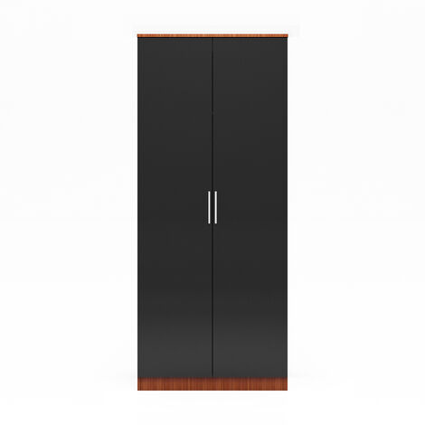 ELEGANT Modern High Gloss Soft Close Wardrobe with Metal Handles Includes a removable hanging rod and storage shelves, Black/Walnut