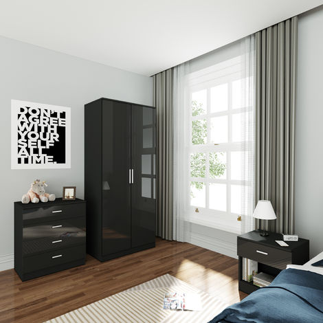 ELEGANT Wardrobe and Cabinet Furniture Set Bedroom 2 Doors Wardrobe and 4 Drawer Chest and Bedside Cabinet High Gloss. Black