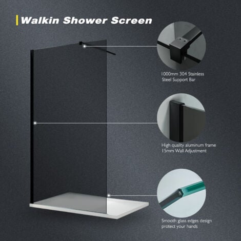 ELEGANT Walk in Shower Enclosure 8mm Easy Clean Safety Glass Shower Cubicles Wet Room Shower Screen Dark Grey Screen Panel 900mm + Black Support Bars