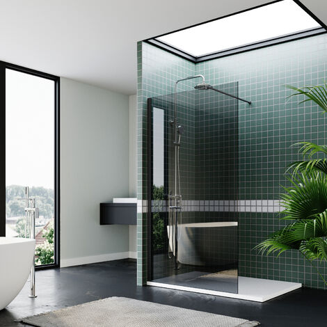 ELEGANT Bathroom Walkin Shower Door Wet Room Enclosure Screen 8mm Easy Clean Safety Glass Bath Panel Grey,700mm,Black Support Bar