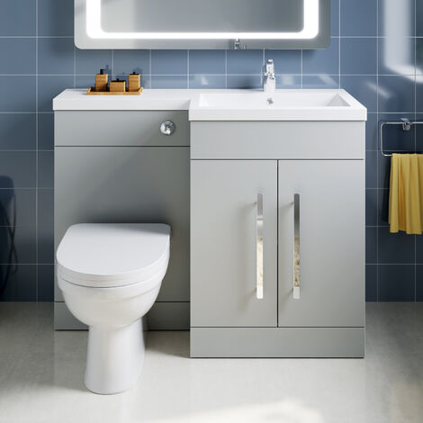 ELEGANT 1100mm L Shape Bathroom Vanity Sink Unit Furniture Storage,Left Hand Matte Grey Vanity unit + Basin + Ceramic D shaped Toilet with Concealed Cistern