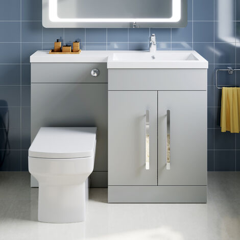 ELEGANT 1100mm L Shape Bathroom Vanity Sink Unit Furniture Storage,Right Hand Matte Grey Vanity unit + Basin + Ceramic Square Toilet with Concealed Cistern