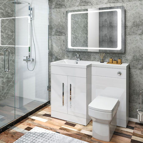 ELEGANT 1100mm L Shape Left Hand Bathroom Vanity Sink Unit Furniture Storage,High Gloss White Vanity unit + Basin + Ceramic Square Toilet with Concealed Cistern